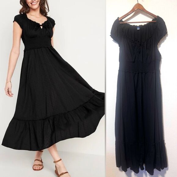 EUC Old Navy Milkmaid Pheasant Bohemian Black Maxi Dress - Picture 1 of 9